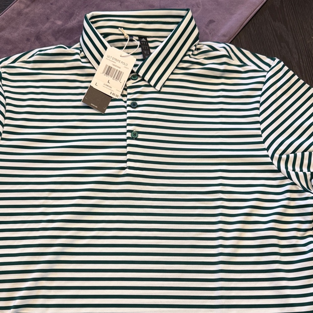 adidas Green and White Golf Striped Polo Shirt